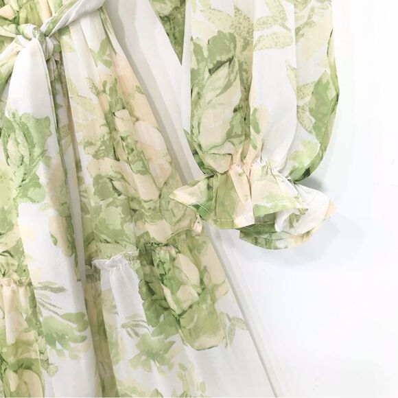 Flying Tomato Cream Green Floral Off Shoulder Flowy Tiered Belted Maxi Dress - Picture 10 of 16